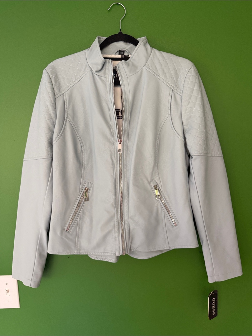 Guess Light Blue Quilted Faux Leather Zip Jacket - Women